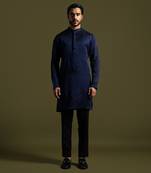 Navy blue linen satin kurta with slim fit pants