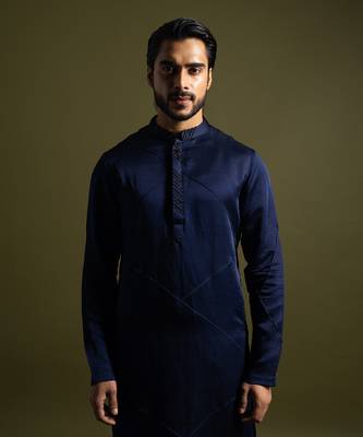 Navy blue linen satin kurta with slim fit pants 2