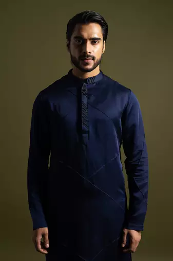 Navy blue linen satin kurta with slim fit pants