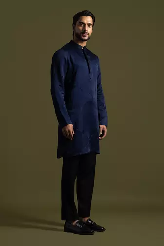 Navy blue linen satin kurta with slim fit pants
