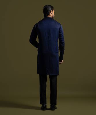 Navy blue linen satin kurta with slim fit pants 4