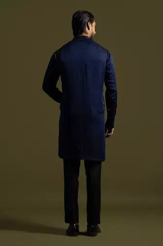 Navy blue linen satin kurta with slim fit pants