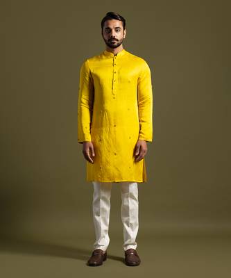 Yellow linen satin kurta with slim fit pants 1