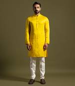Yellow linen satin kurta with slim fit pants