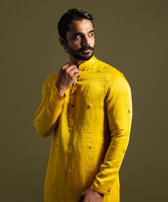 Yellow linen satin kurta with slim fit pants 2