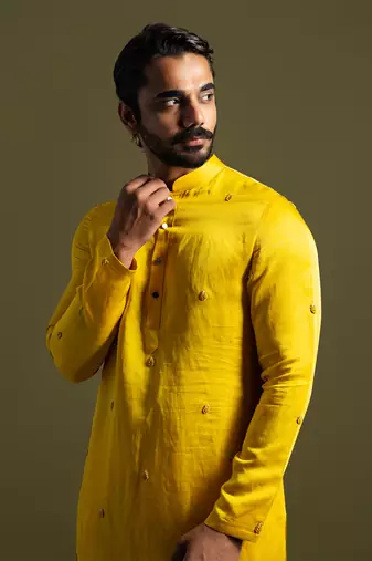 Yellow linen satin kurta with slim fit pants