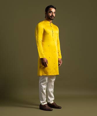 Yellow linen satin kurta with slim fit pants 3