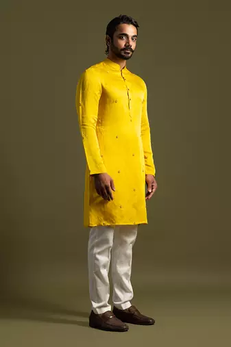 Yellow linen satin kurta with slim fit pants