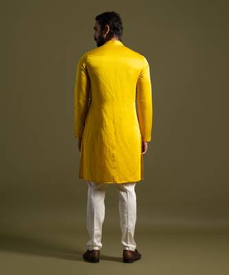 Yellow linen satin kurta with slim fit pants 4