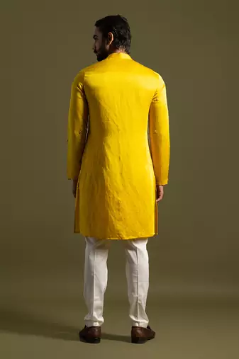 Yellow linen satin kurta with slim fit pants