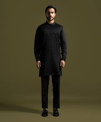 Black linen satin kurta with slim fit pants 1