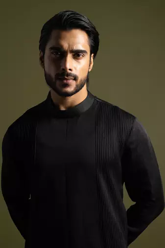 Black linen satin kurta with slim fit pants