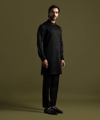 Black linen satin kurta with slim fit pants 3