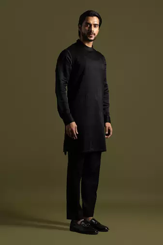 Black linen satin kurta with slim fit pants