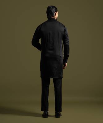 Black linen satin kurta with slim fit pants 4