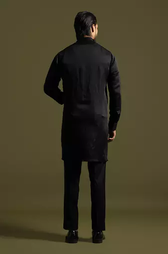 Black linen satin kurta with slim fit pants