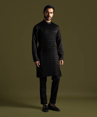 Black pleated linen satin kurta with slim fit pants 1