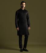 Black pleated linen satin kurta with slim fit pants