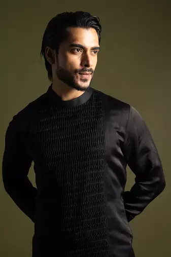 Black pleated linen satin kurta with slim fit pants