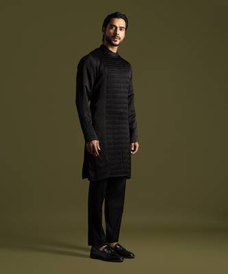 Black pleated linen satin kurta with slim fit pants 3