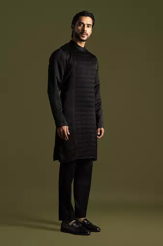 Black pleated linen satin kurta with slim fit pants