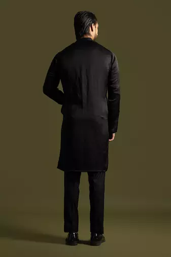 Black pleated linen satin kurta with slim fit pants