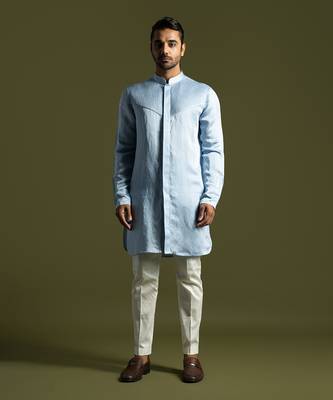 Ice blue front open kurta with slim fit pants 1