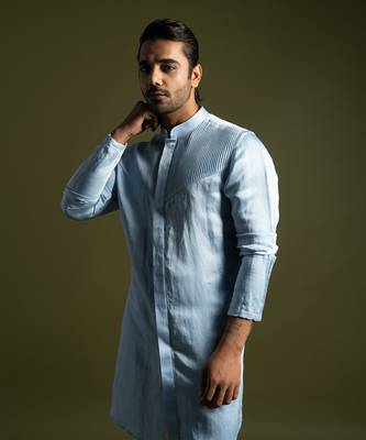 Ice blue front open kurta with slim fit pants 2