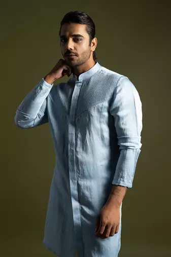 Ice blue front open kurta with slim fit pants