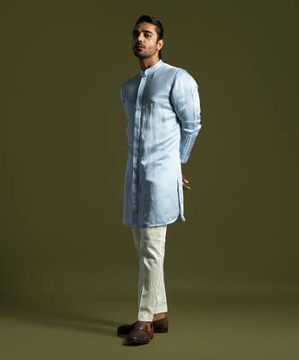 Ice blue front open kurta with slim fit pants 3