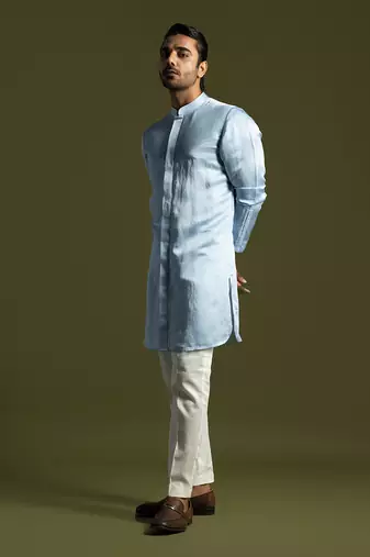 Ice blue front open kurta with slim fit pants