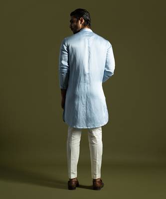 Ice blue front open kurta with slim fit pants 4