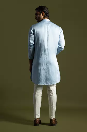 Ice blue front open kurta with slim fit pants