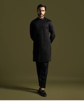 Black smocking detailed kurta with slim fit pants 1