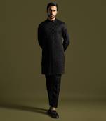 Black smocking detailed kurta with slim fit pants