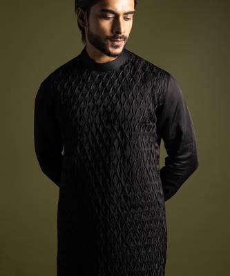 Black smocking detailed kurta with slim fit pants 2