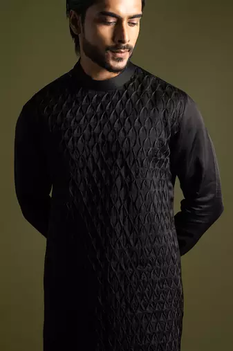 Black smocking detailed kurta with slim fit pants