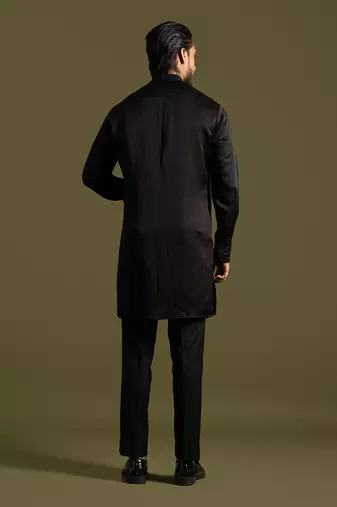 Black smocking detailed kurta with slim fit pants