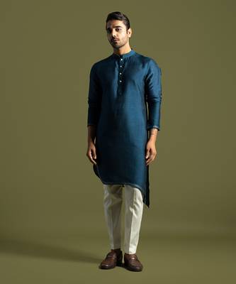 Teal blue bamberg silk kurta with slim fit pants 1