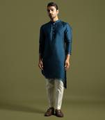 Teal blue bamberg silk kurta with slim fit pants