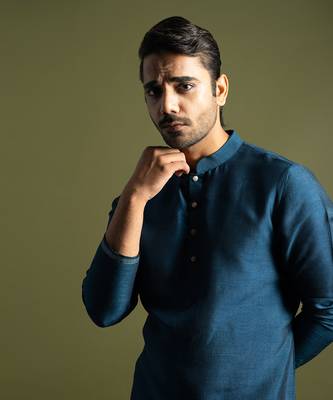 Teal blue bamberg silk kurta with slim fit pants 2