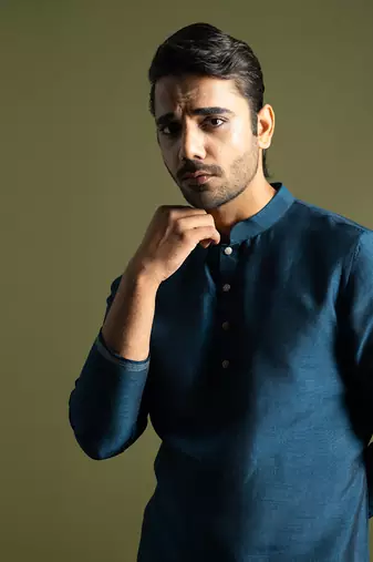 Teal blue bamberg silk kurta with slim fit pants