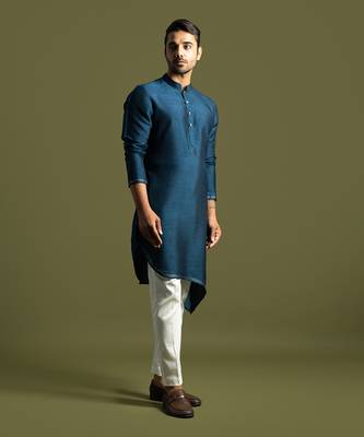 Teal blue bamberg silk kurta with slim fit pants 3