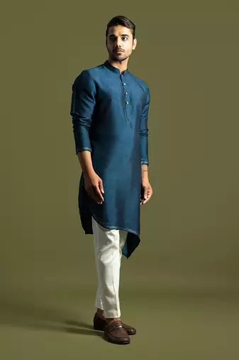 Teal blue bamberg silk kurta with slim fit pants