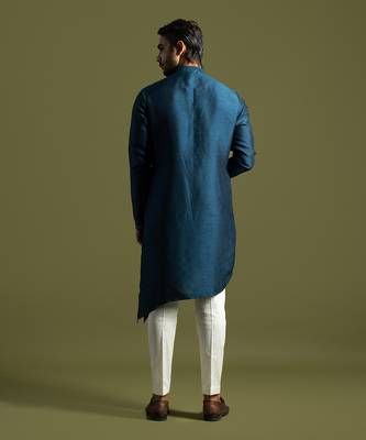Teal blue bamberg silk kurta with slim fit pants 4