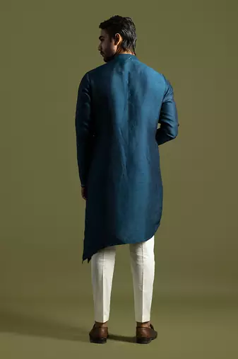 Teal blue bamberg silk kurta with slim fit pants