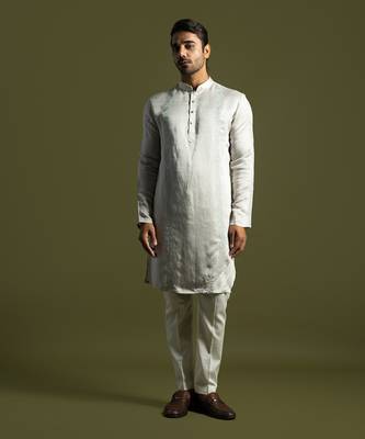 Oyster grey linen satin kurta with cream pant 1