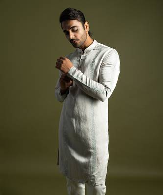 Oyster grey linen satin kurta with cream pant 2