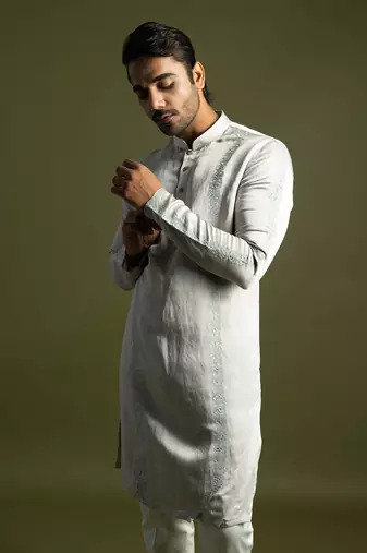 Oyster grey linen satin kurta with cream pant