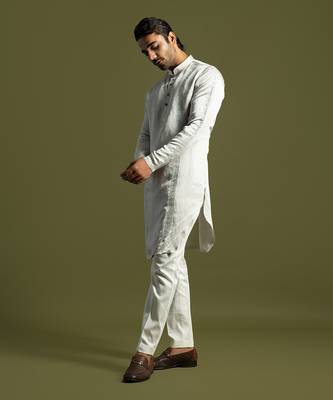 Oyster grey linen satin kurta with cream pant 3
